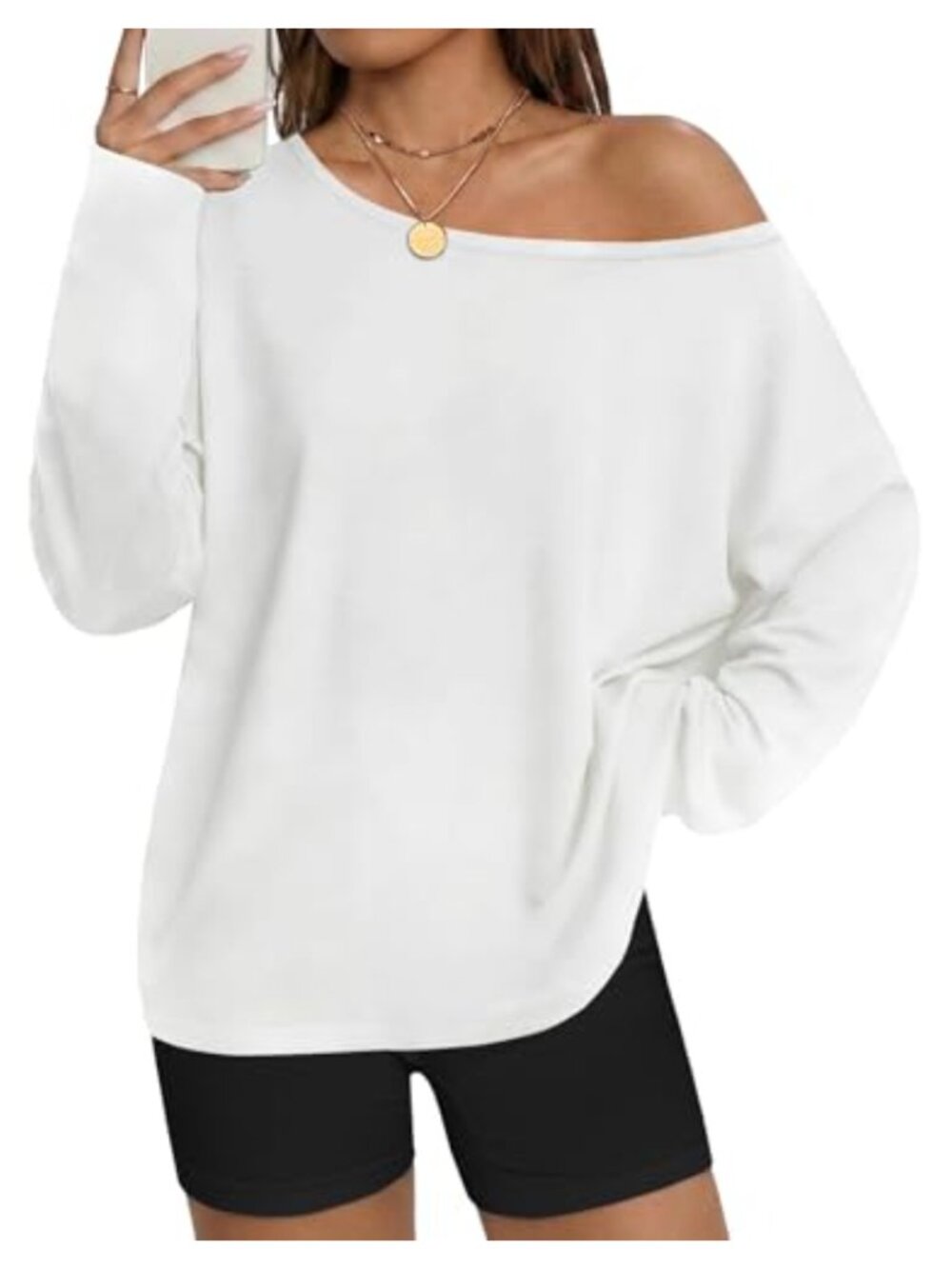 Womens Off the Shoulder Long Sleeve Top Loose Fit Pullover Tee